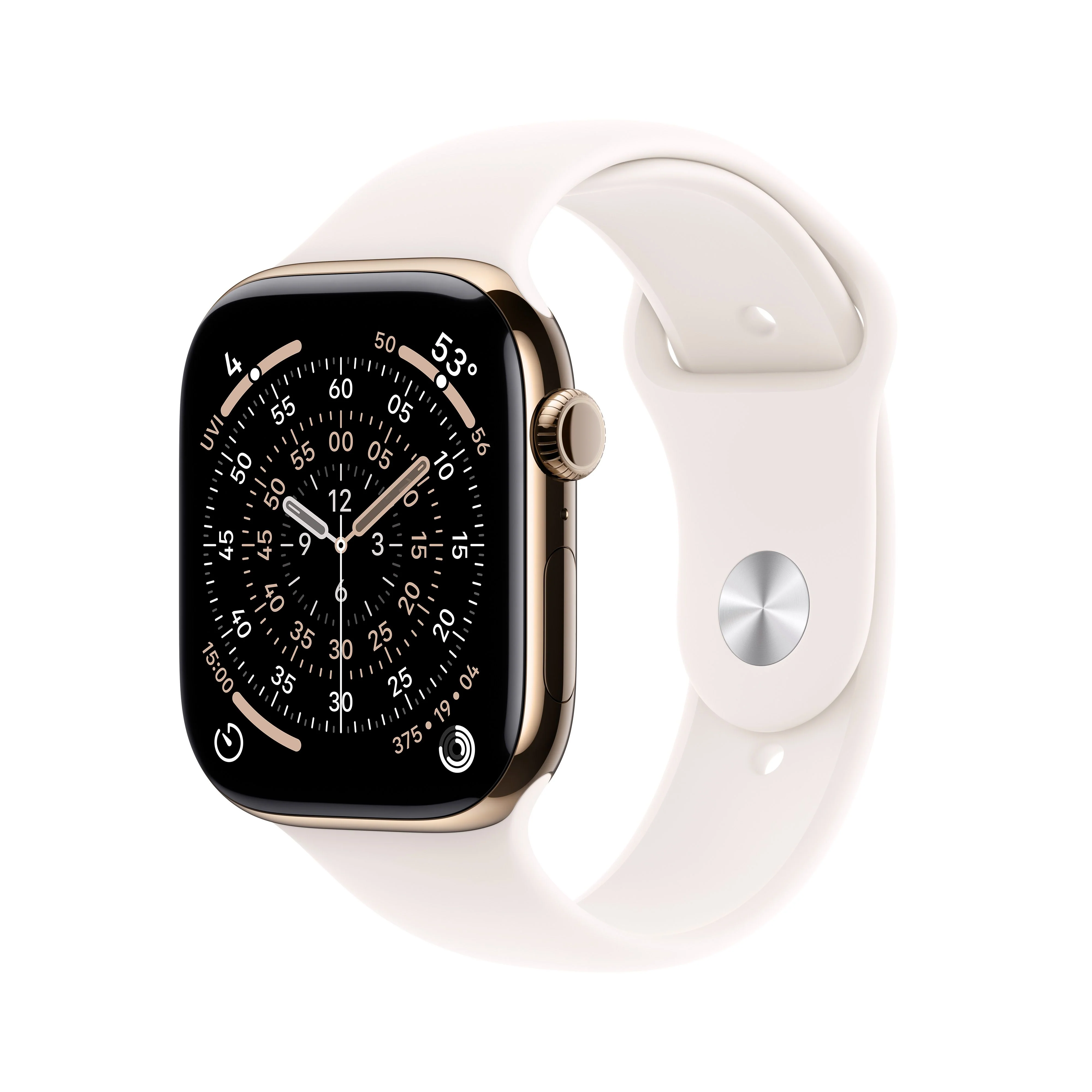 Apple Watch Series 11 GPS + Cellular, Caixa em titânio dourado de 46 mm com Bracelete desportiva rosa leve - M/L