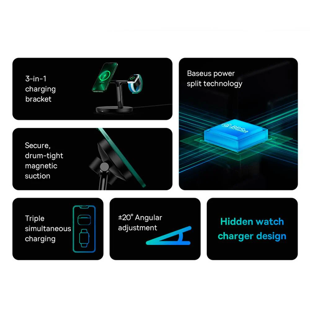 Carregador Wireless Baseus Swan 3-em-1 c/ MagSafe 20W Preto - Image 5